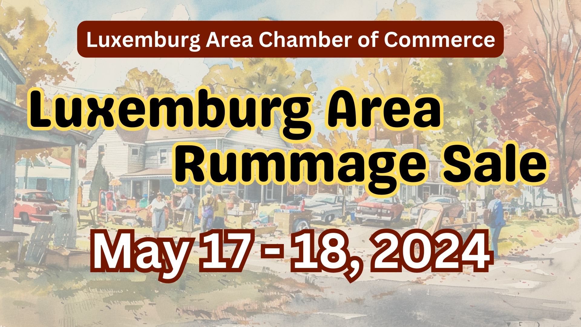 Header showing the dates of the rummage sale, faint image of americana in background