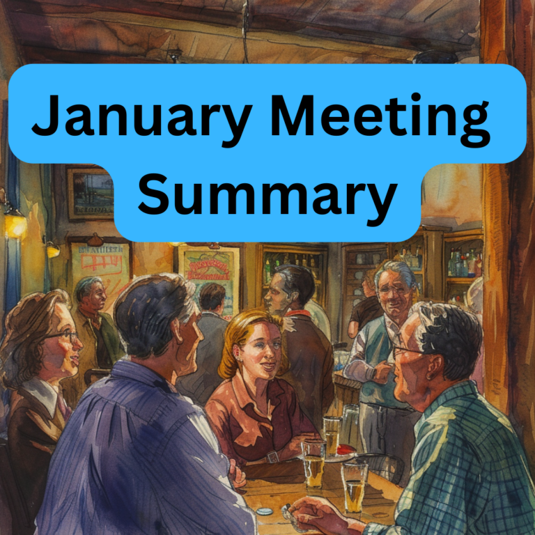 January Meeting Summary text above, watercolor of people below