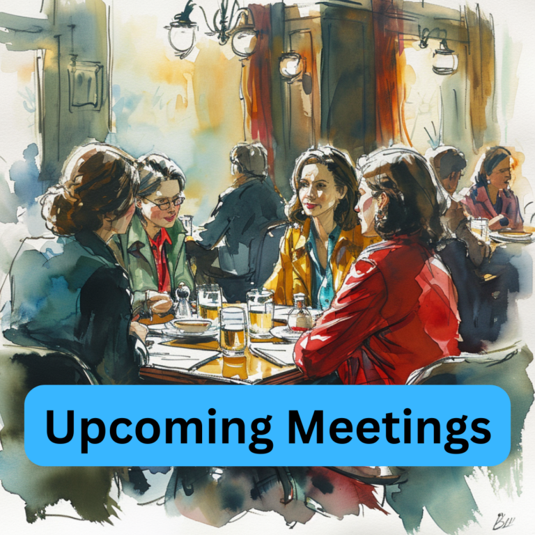 Upcoming Meetings, Watercolor image of people meeting in a restaurant