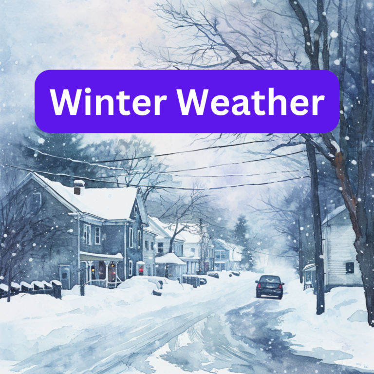 Winter Weather text, watercolor image of small town street in snow